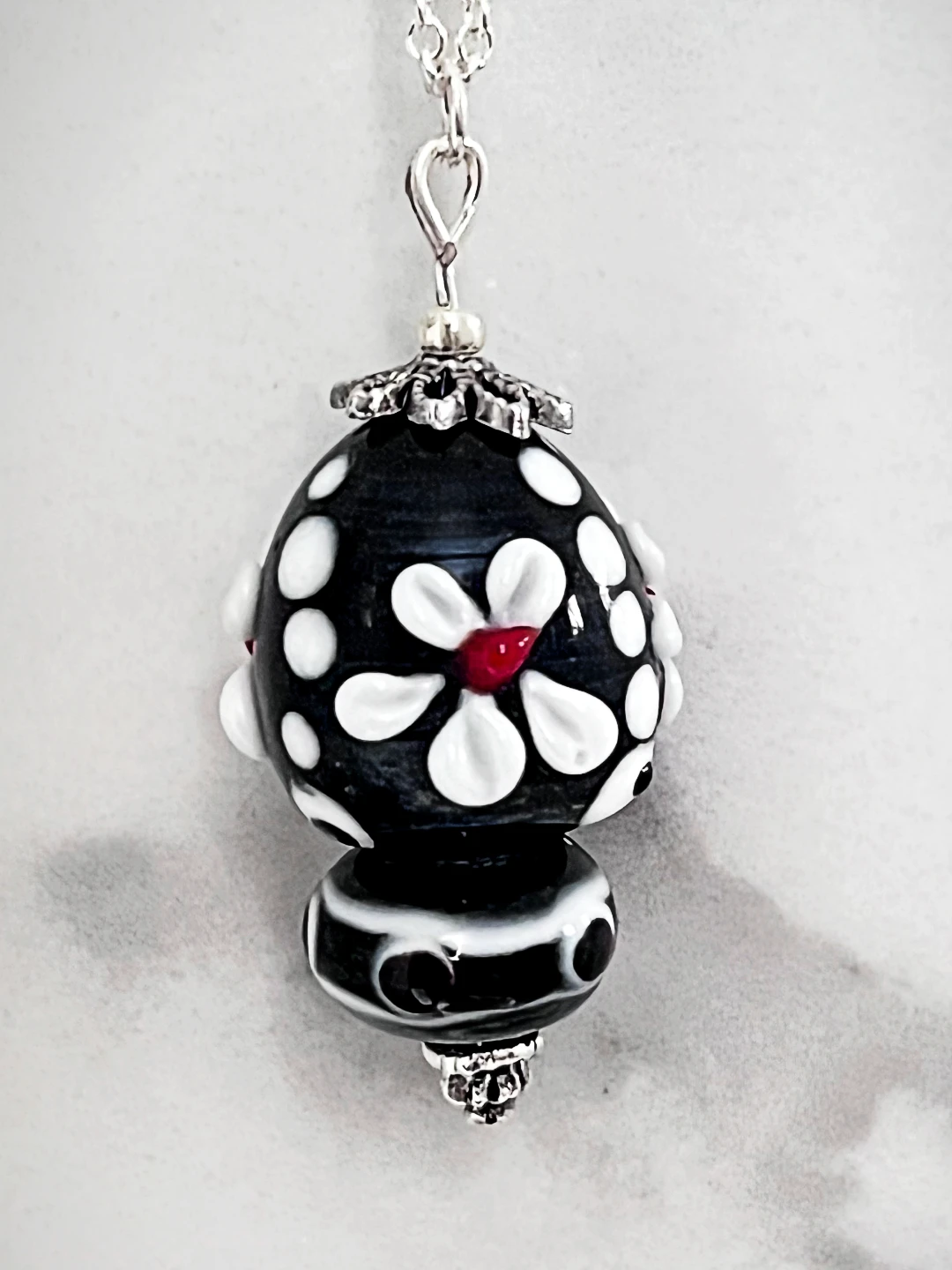 Black and White Flamework Bead Pendant Necklace - Art Glass Haven