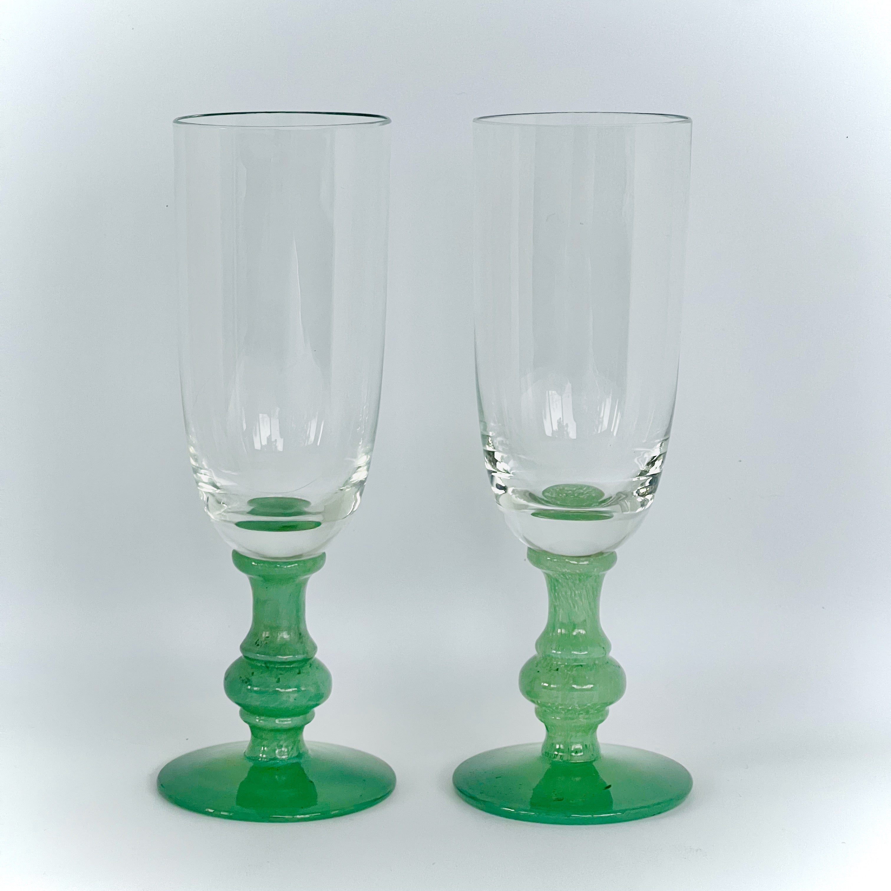 Handmade Villeroy & Boch Champagne Glasses with Green Stems (Set of 2) - Art Glass Haven