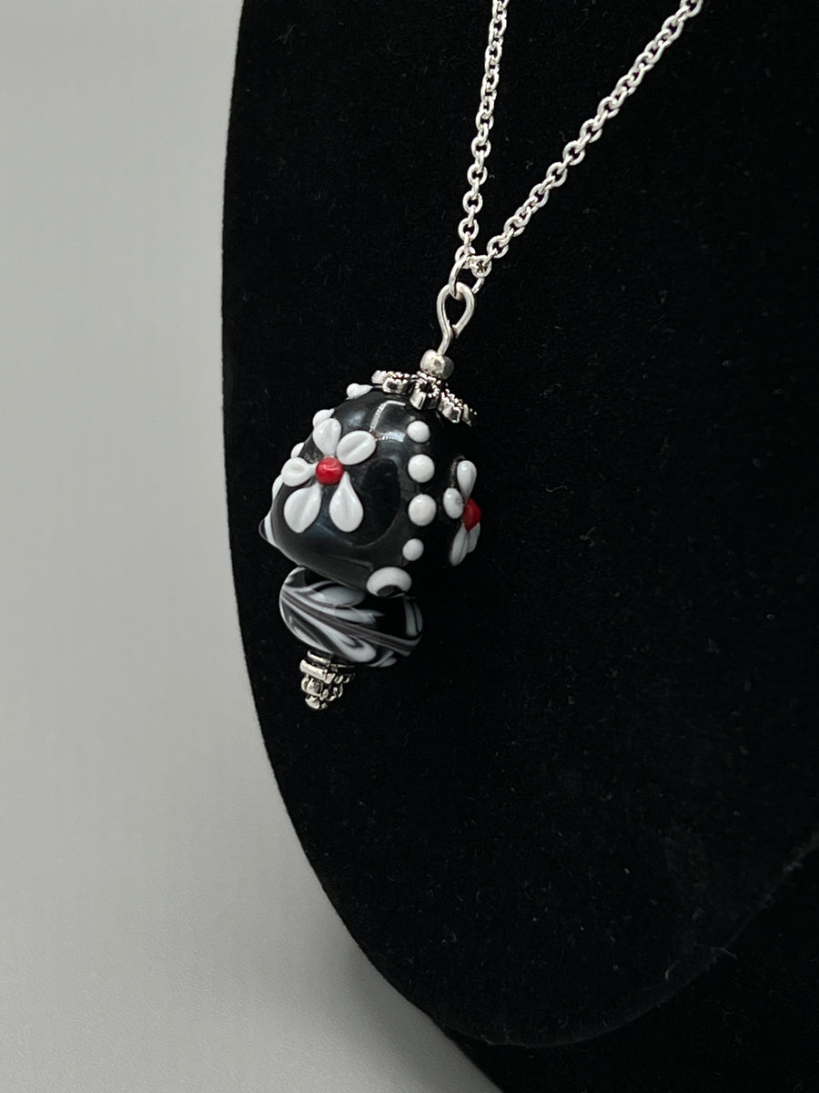 Black and White Flamework Bead Pendant Necklace