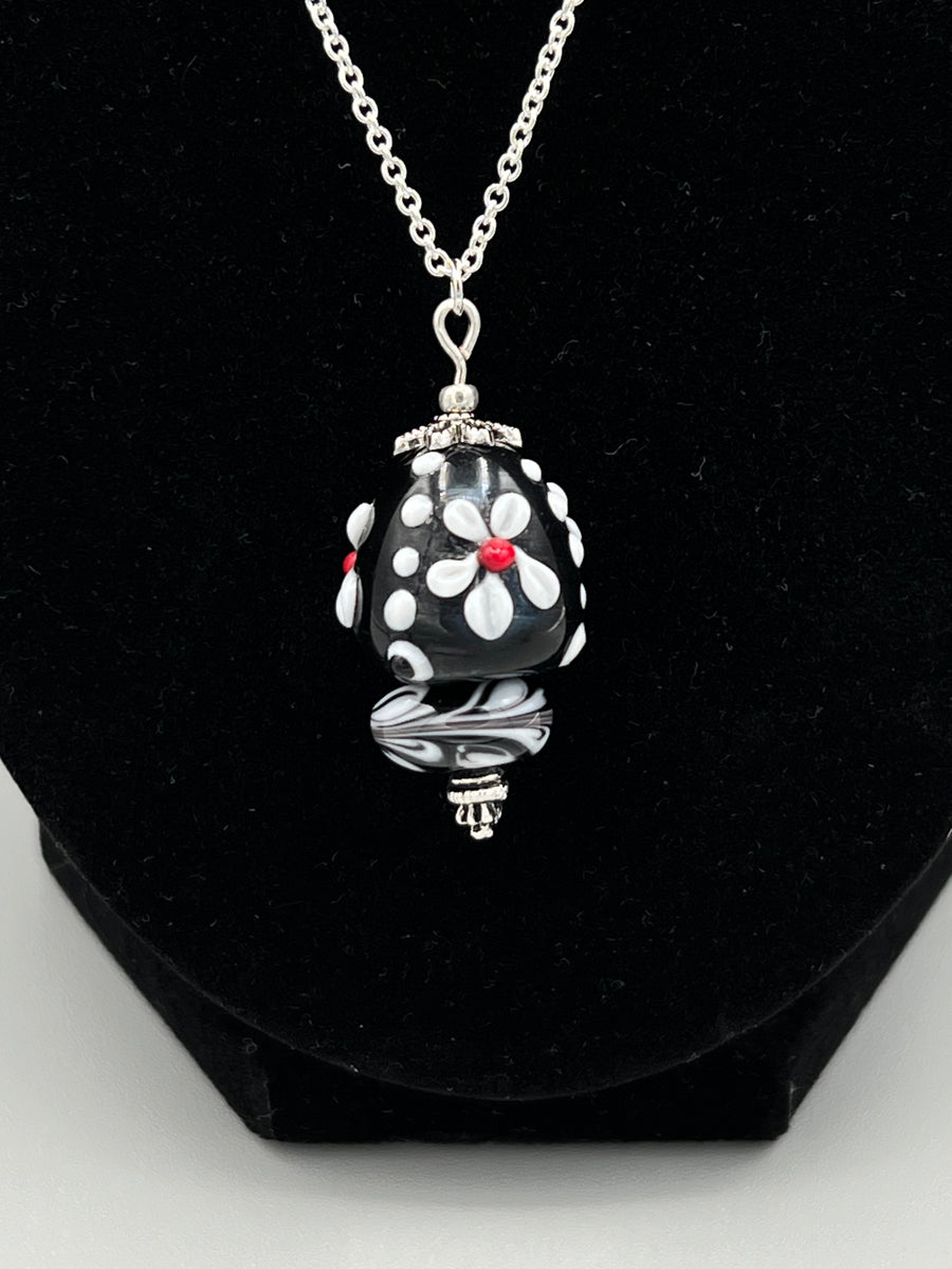 Black and White Flamework Bead Pendant Necklace