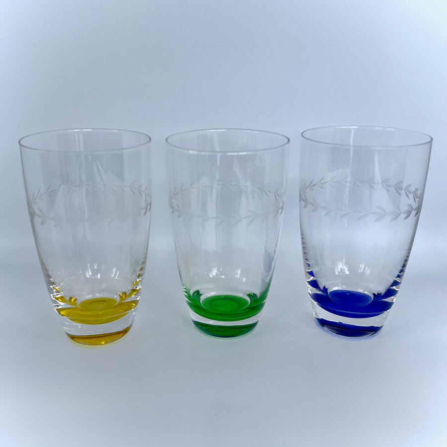 Portmeirion Crystal Glasses with Etched Laurel Design (Set of 3) – Green, Blue, and Yellow Base