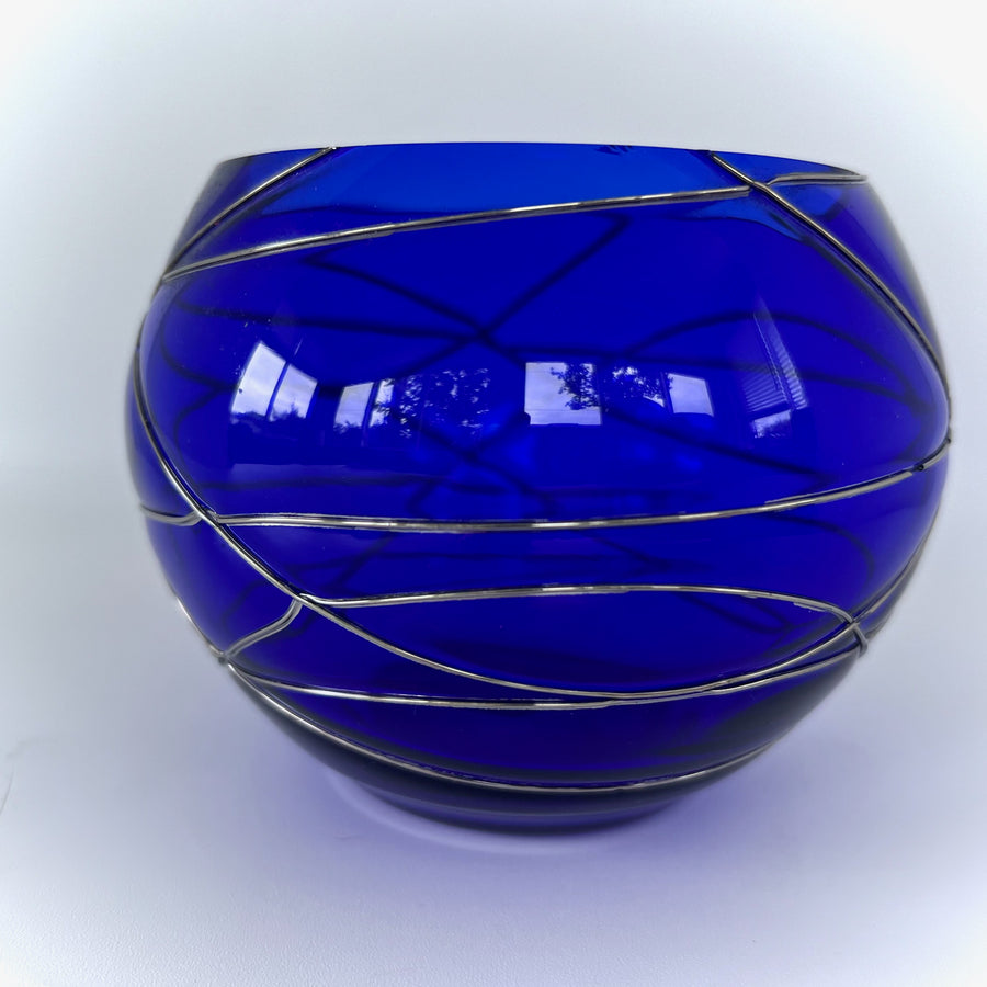 Cobalt Blue Glass Candleholder with Silver Swirls by PartyLite