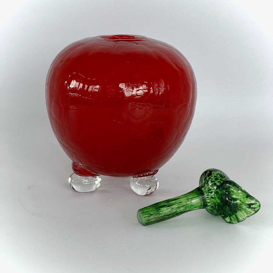 Handmade Red Crackle Glass Apple with Removable Green Leaf – Decor, Paperweight, or Functional Insect Trap