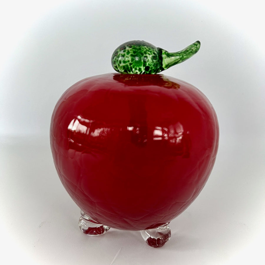 Handmade Red Crackle Glass Apple with Removable Green Leaf – Decor, Paperweight, or Functional Insect Trap