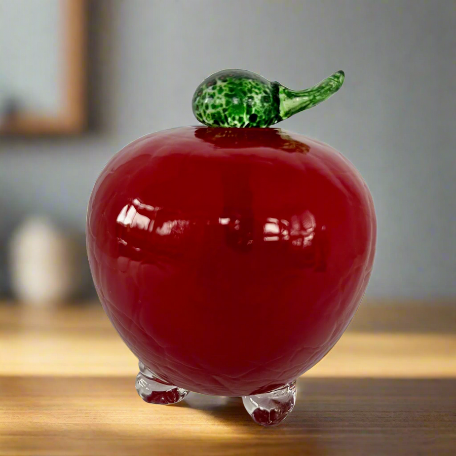 Handmade Red Crackle Glass Apple with Removable Green Leaf – Decor, Paperweight, or Functional Insect Trap