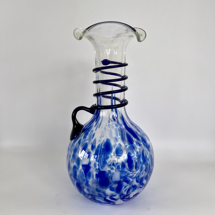 Hand-Blown Murano Style Glass Pitcher with Blue & White Swirl Pattern and Black Spiral Detailing