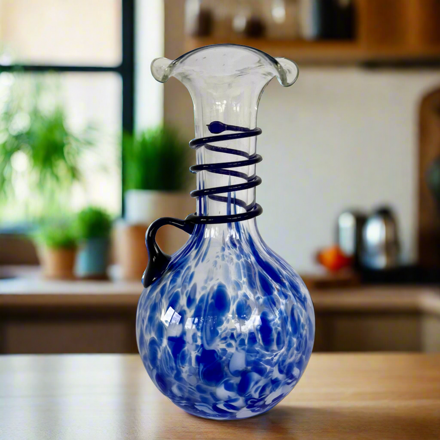 Hand-Blown Murano Style Glass Pitcher with Blue & White Swirl Pattern and Black Spiral Detailing