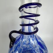 Hand-Blown Murano Style Glass Pitcher with Blue & White Swirl Pattern and Black Spiral Detailing