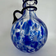 Hand-Blown Murano Style Glass Pitcher with Blue & White Swirl Pattern and Black Spiral Detailing