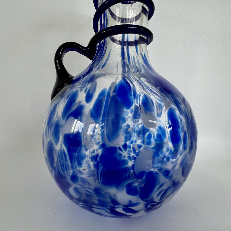 Hand-Blown Murano Style Glass Pitcher with Blue & White Swirl Pattern and Black Spiral Detailing