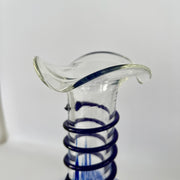 Hand-Blown Murano Style Glass Pitcher with Blue & White Swirl Pattern and Black Spiral Detailing