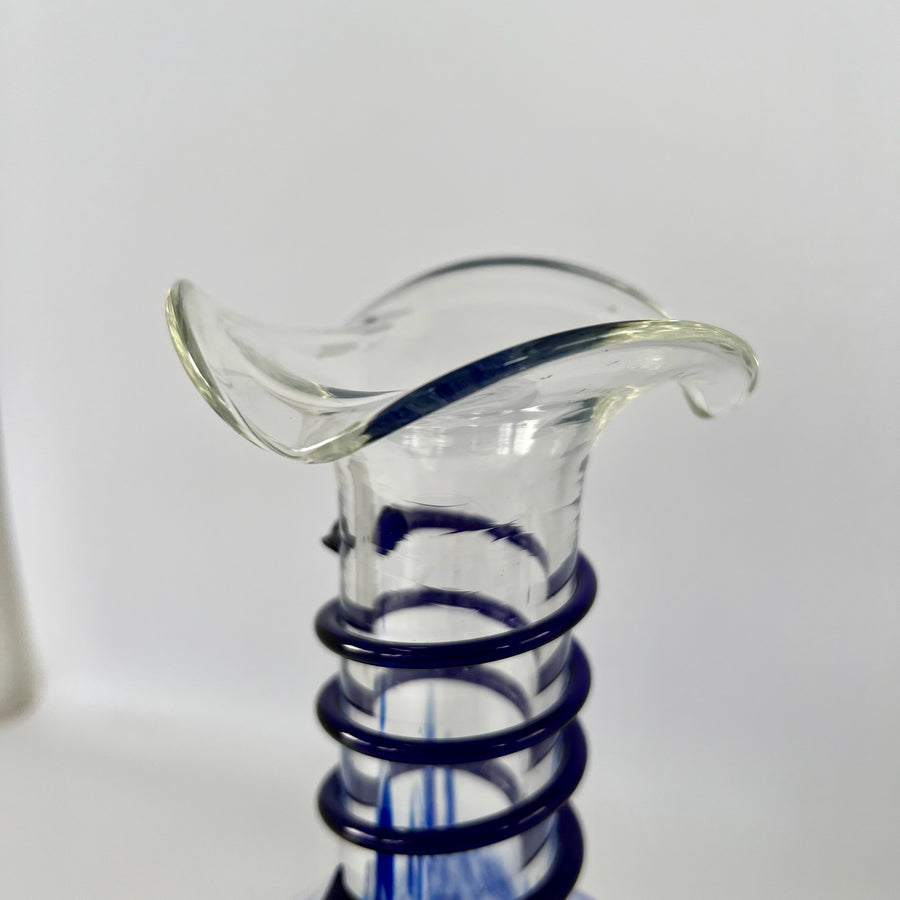 Hand-Blown Murano Style Glass Pitcher with Blue & White Swirl Pattern and Black Spiral Detailing