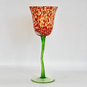 Royal Danube Hand-Blown Tulip-Shaped Art Glass Goblet with Red Speckled Bowl and Green Twisted Stem