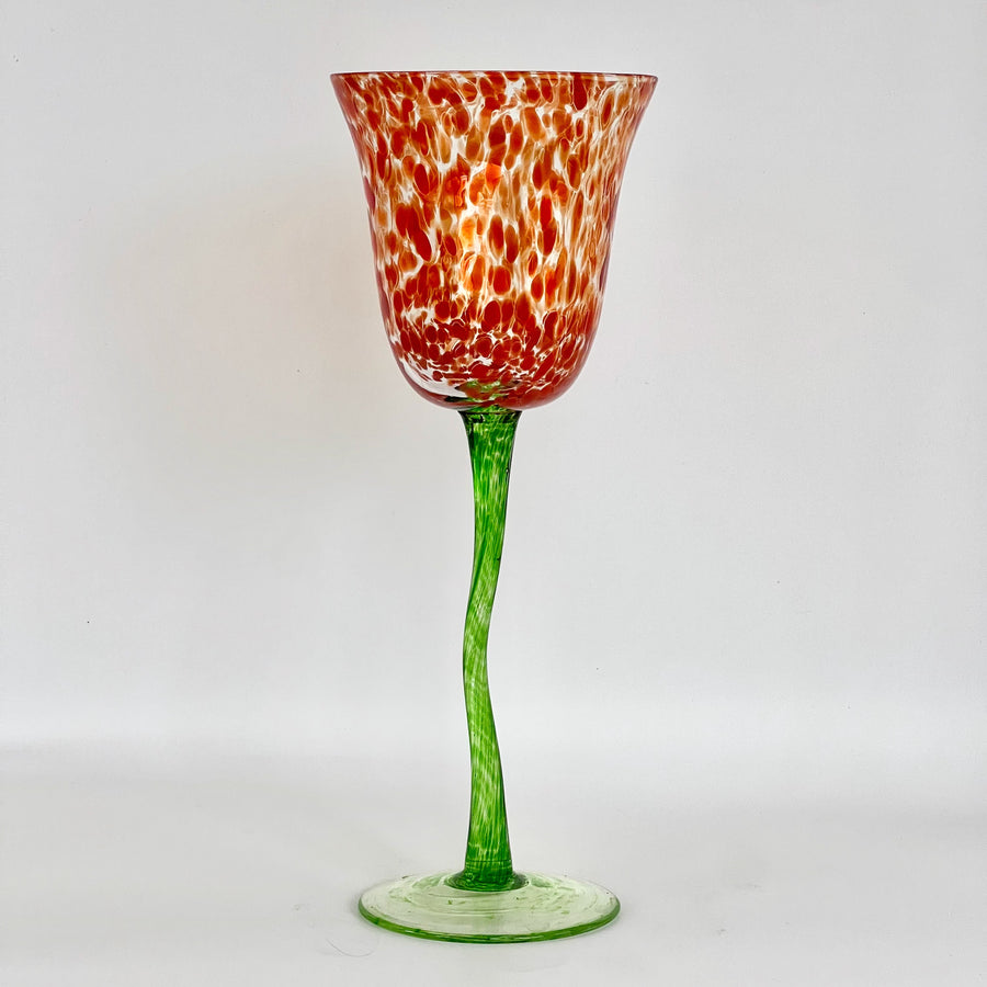 Royal Danube Hand-Blown Tulip-Shaped Art Glass Goblet with Red Speckled Bowl and Green Twisted Stem