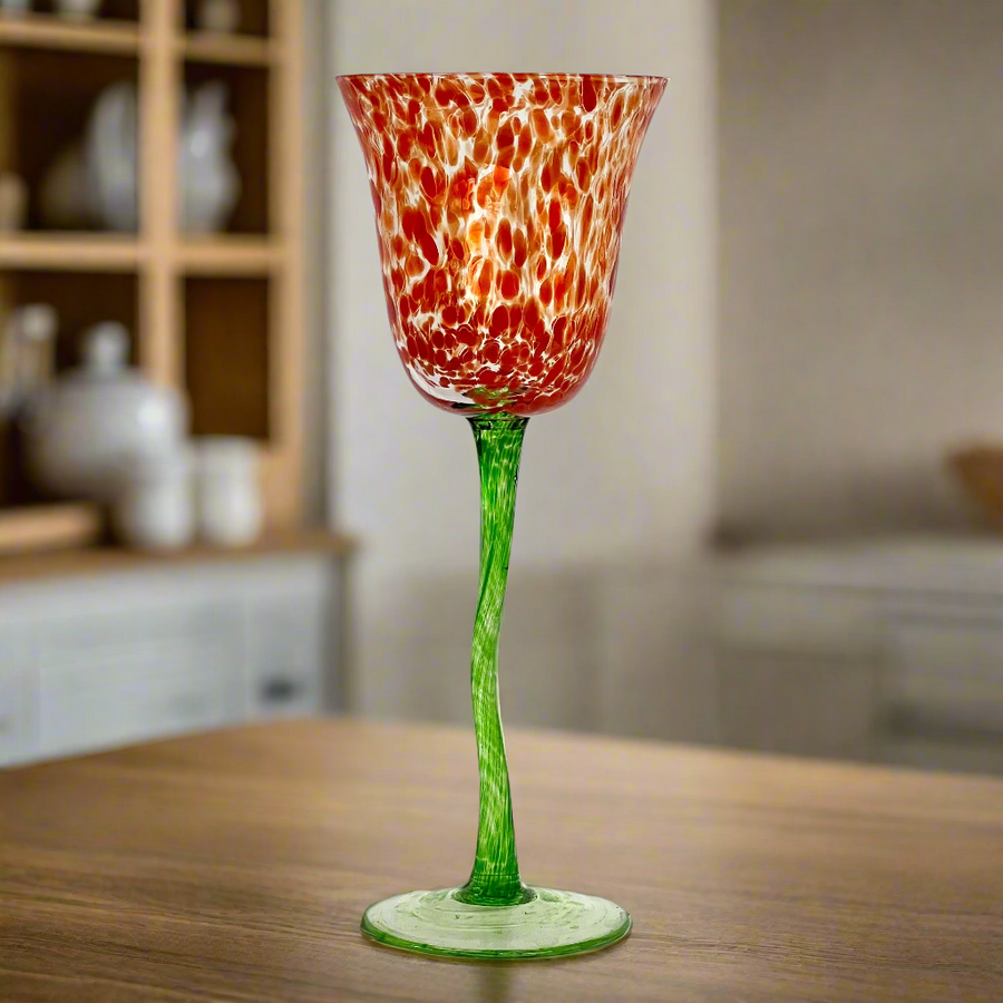 Royal Danube Hand-Blown Tulip-Shaped Art Glass Goblet with Red Speckled Bowl and Green Twisted Stem