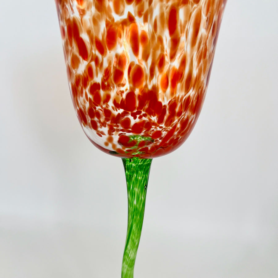 Royal Danube Hand-Blown Tulip-Shaped Art Glass Goblet with Red Speckled Bowl and Green Twisted Stem