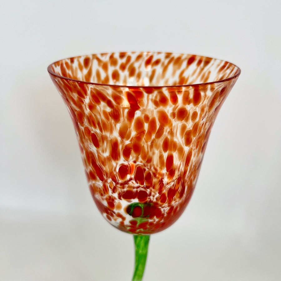 Royal Danube Hand-Blown Tulip-Shaped Art Glass Goblet with Red Speckled Bowl and Green Twisted Stem