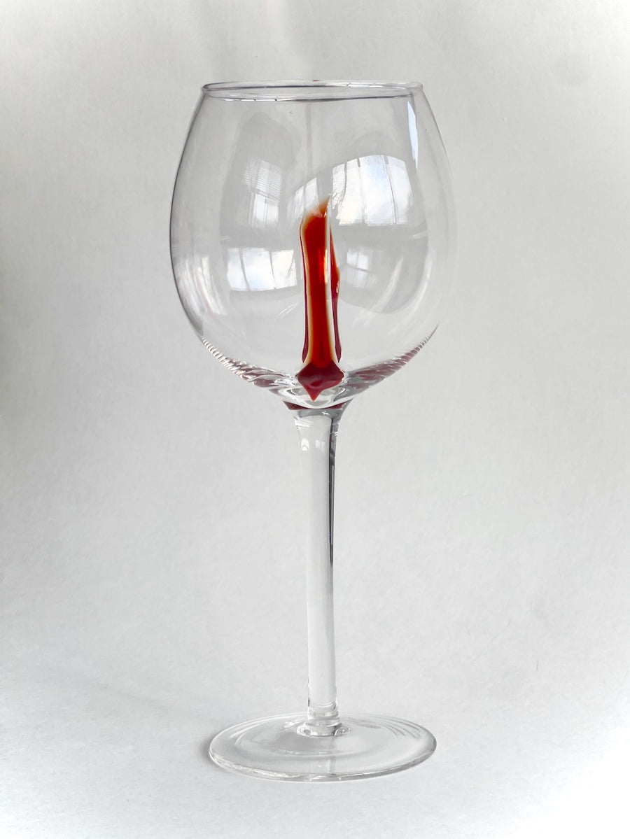 Handcrafted Modern Wine Glass with Red Accent - Artisan Blown Stemware