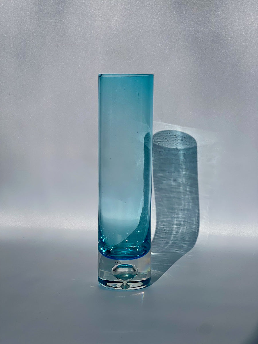 Hand-Blown Aqua Blue Glass Vase with Bubble Base