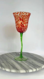 Royal Danube Hand-Blown Tulip-Shaped Art Glass Goblet with Red Speckled Bowl and Green Twisted Stem